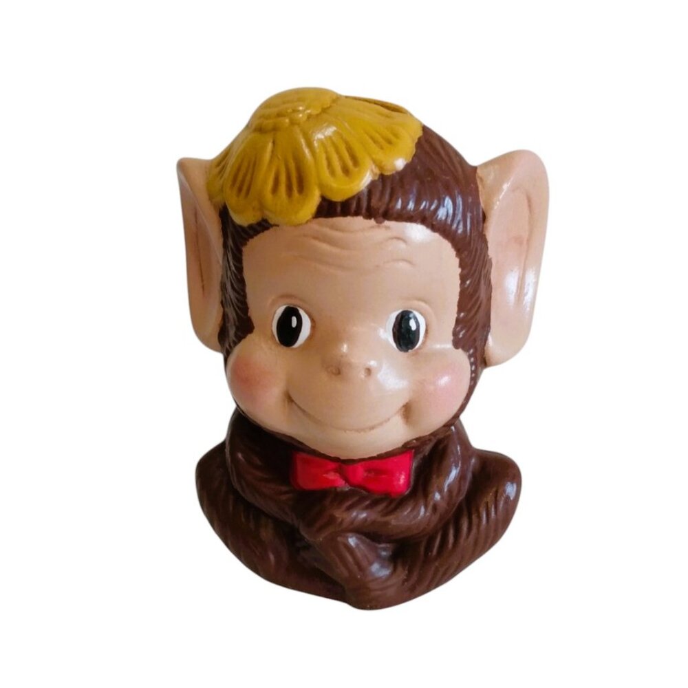 Vintage 6" Ceramic Monkey Coin Bank with Yellow Flower Hat/Red Bow-1960's/70's